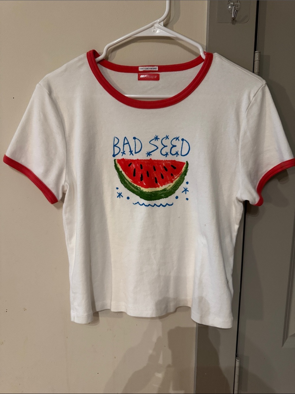 NWOT MOTHER White Ringer Tee with Red Trim and Watermelon Graphic
